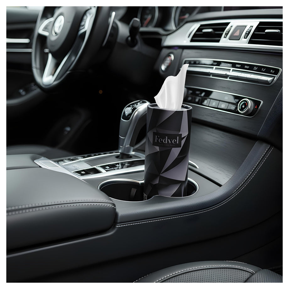 Fedvel Premium Tissues Combo II (4pcs) in car cup holder, stylish design and ultra-soft 4-ply tissues for convenience.