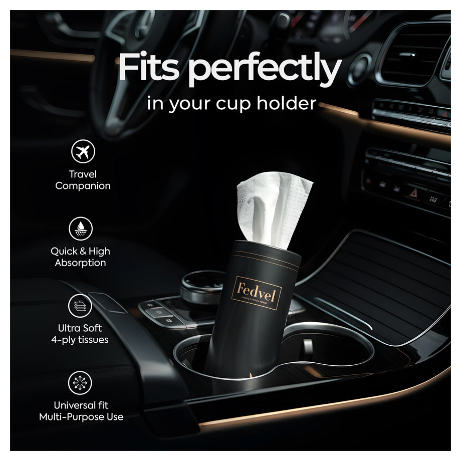 Fedvel Premium Tissues Combo I (4pcs) fits perfectly in car cup holder for quick and high absorption.