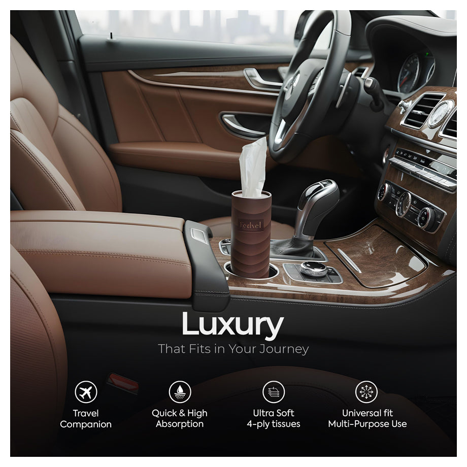 Fedvel Premium Tissues Combo I (4pcs) displayed in a car cup holder, showcasing luxury and convenience.