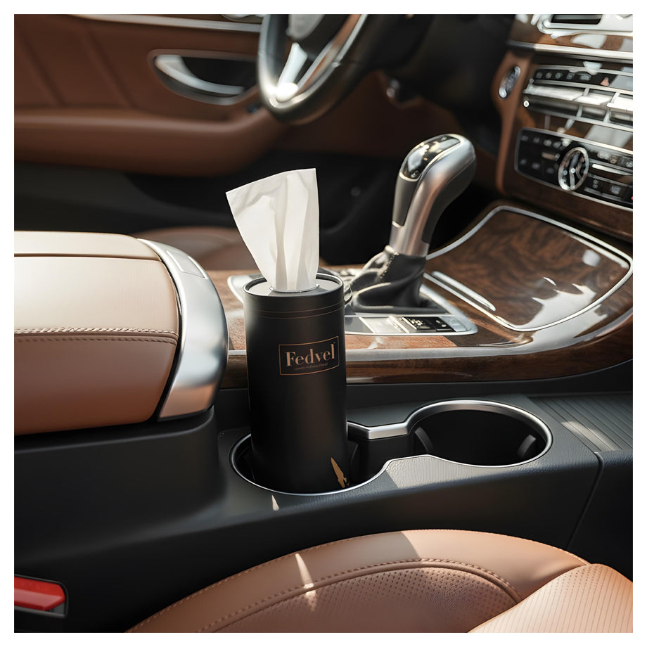 Fedvel Premium Tissues Combo I (4pcs) in car cup holder, luxury tissues Qatar for convenient travel.
